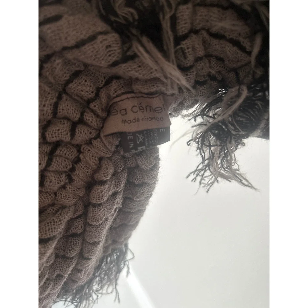 Lea Clement France Wool Blend Striped Textured Fringed Scarf Taupe Black 57x8